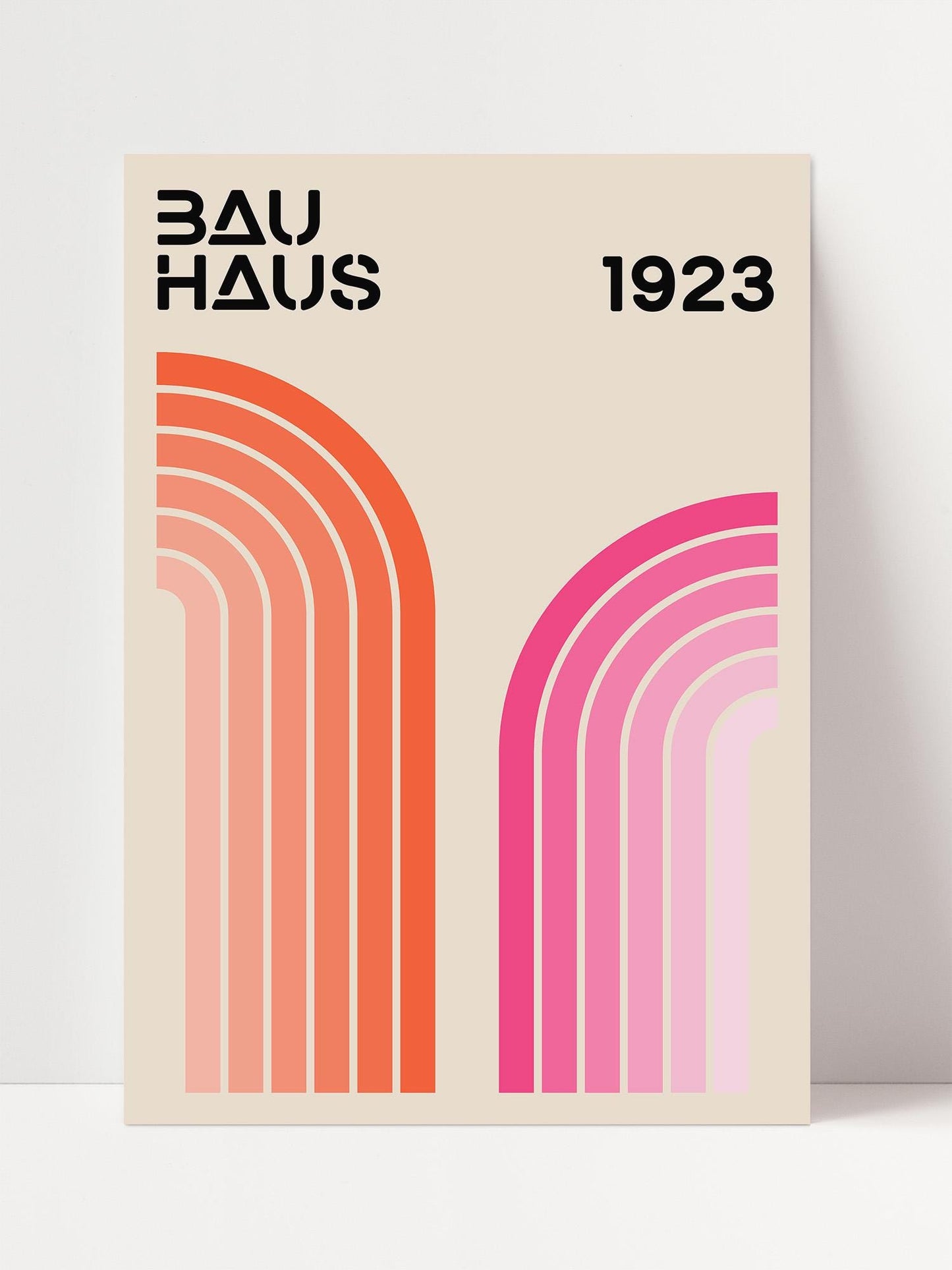 The image is a poster for the Bauhaus school of design, featuring a minimalist design with a focus on geometric shapes and bold colors.