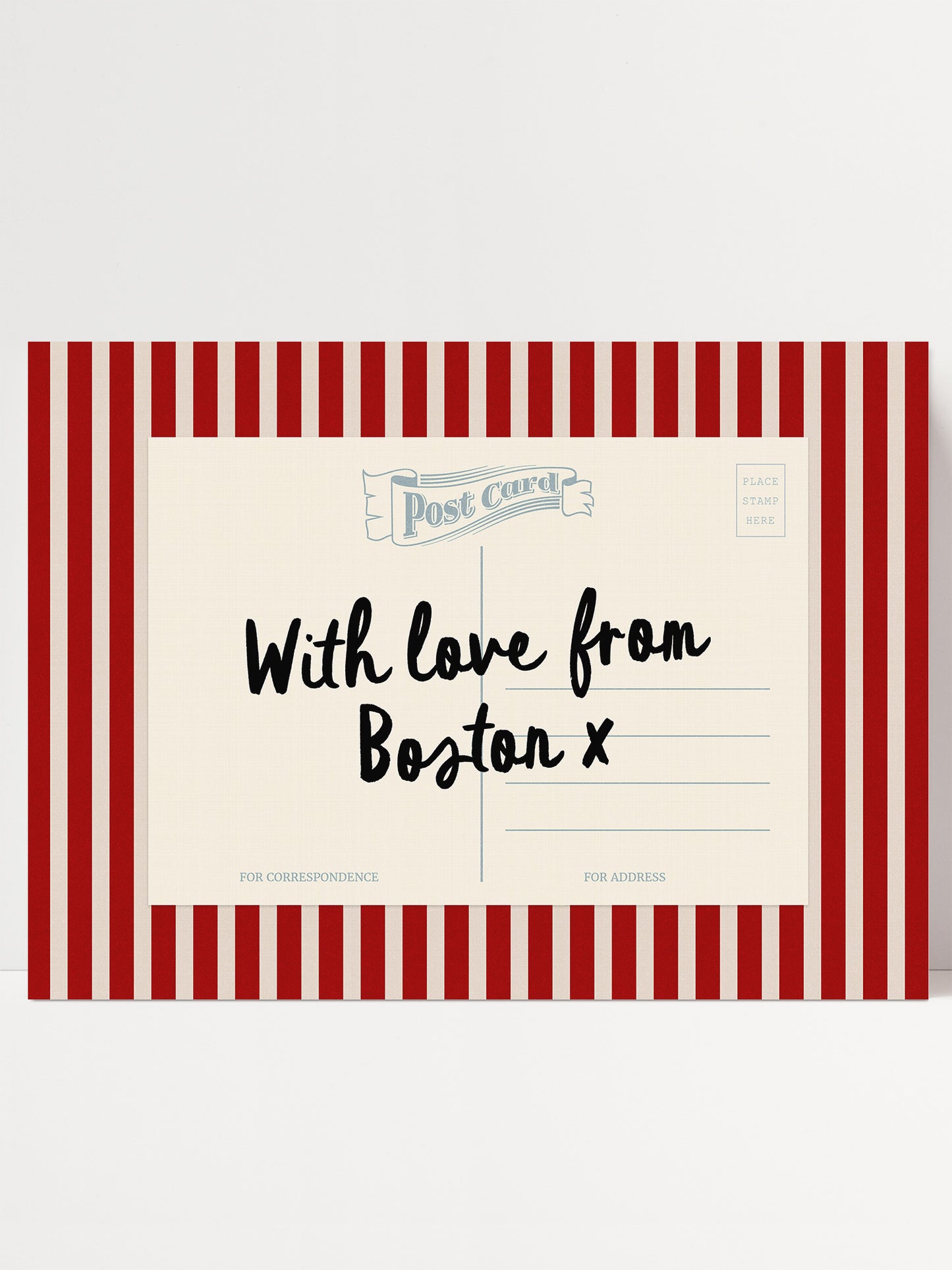 A postcard with a red and white striped border, featuring handwritten text that reads "With love from Boston x".