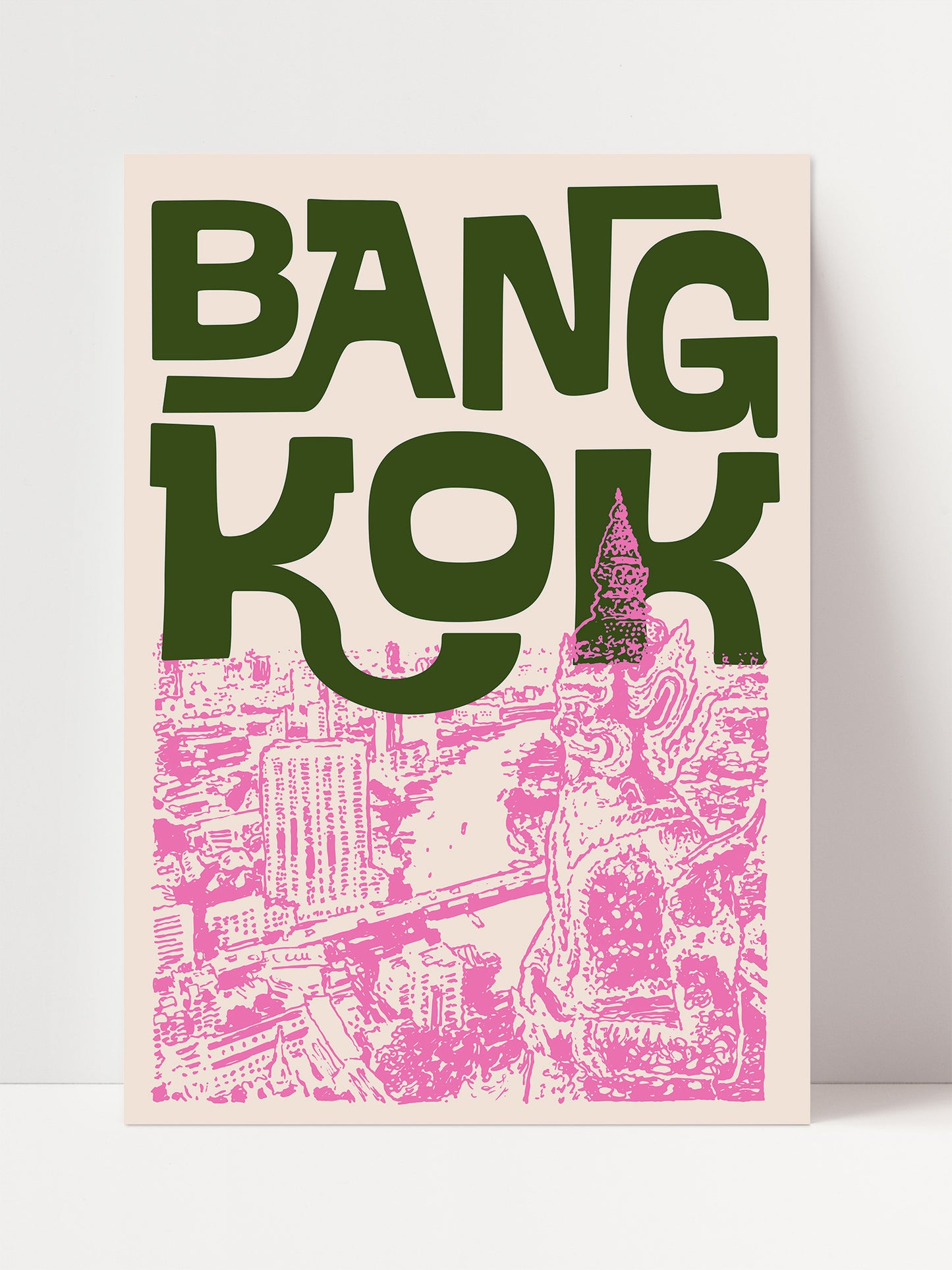The image is a poster featuring the word "BANG KOK" in large green letters, with a pink and white background depicting a cityscape.
