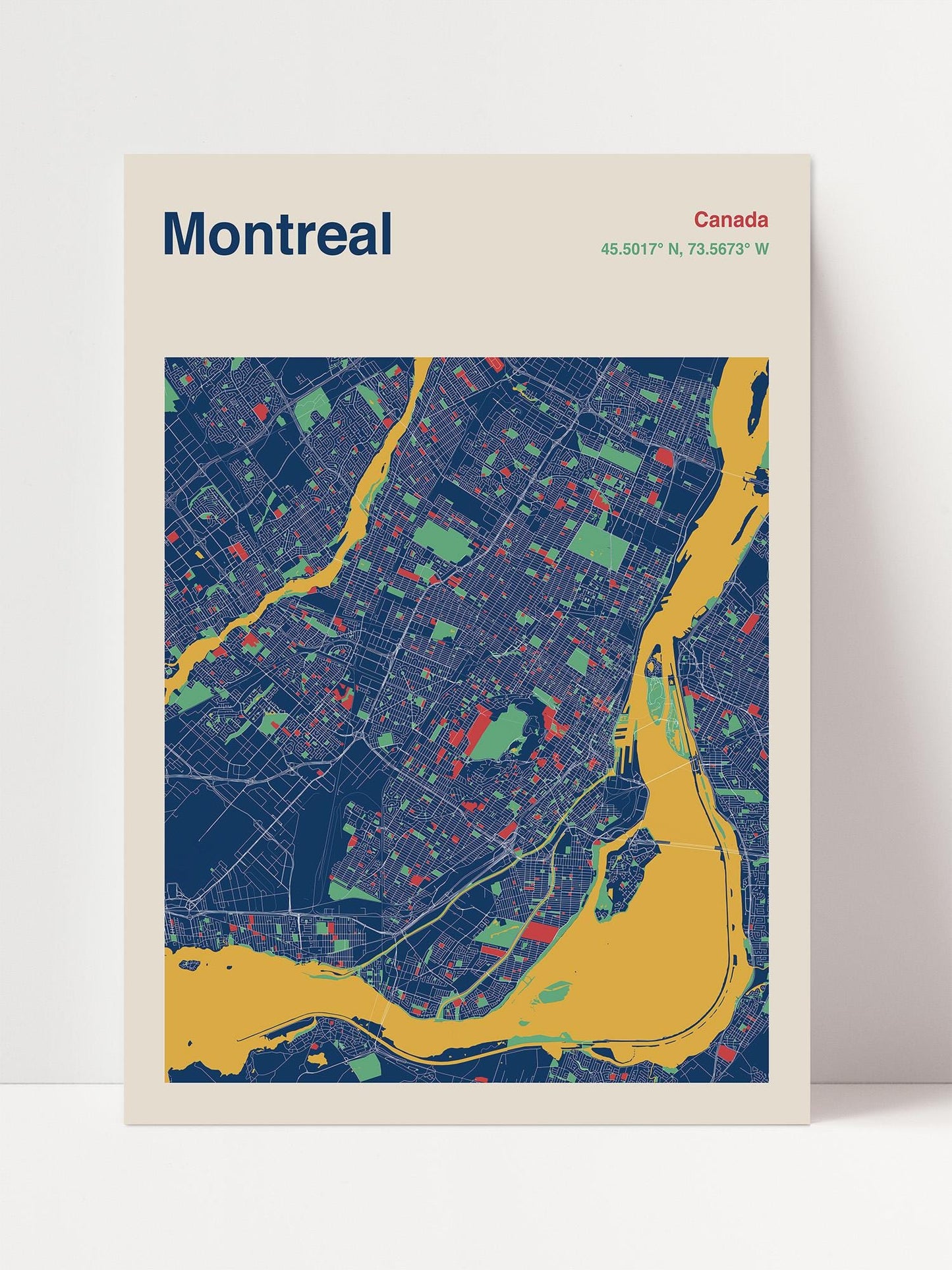 The image is a colorful and detailed map of Montreal, Canada, depicting the city's streets, landmarks, and surrounding areas.