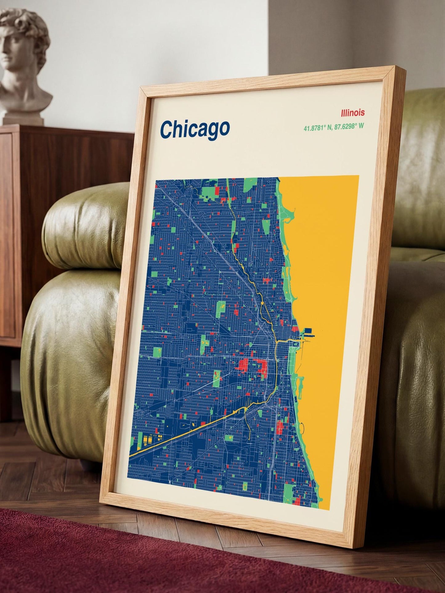 A framed map of Chicago, Illinois, with a colorful and detailed representation of the city's streets and neighborhoods.