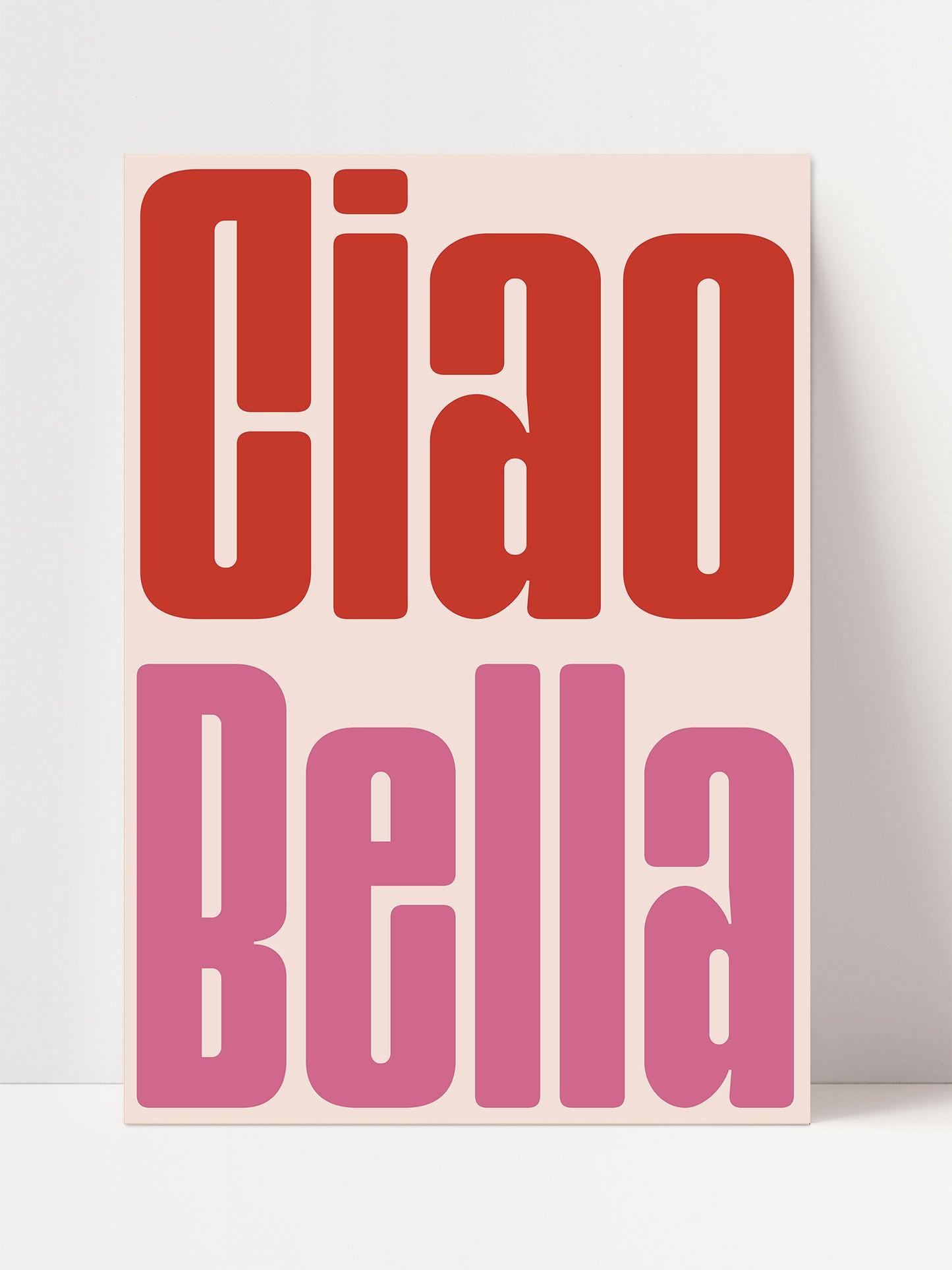 the text "Ciao Bella" in a bold, red font against a light pink background.