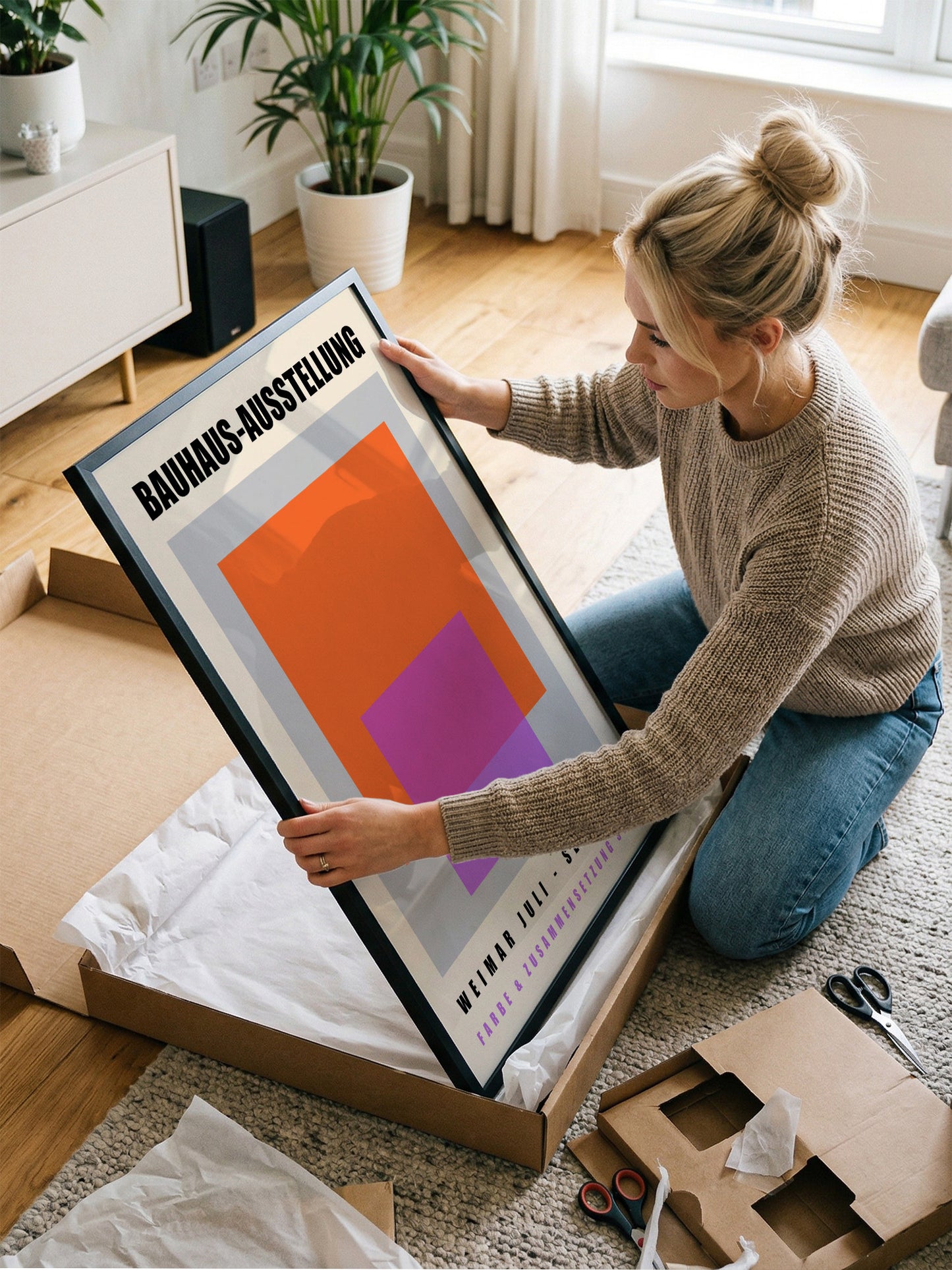 A woman is kneeling on the floor and carefully handling a large framed poster, which appears to be a Bauhaus-Astrostellung poster.