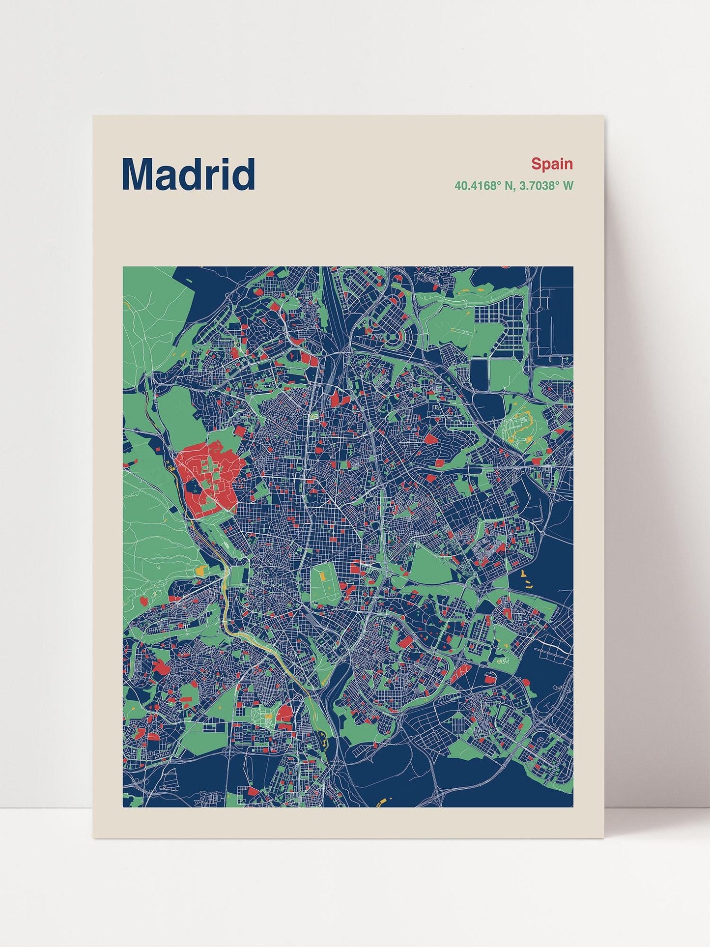 The image is a colorful and detailed map of Madrid, Spain, showing various landmarks and city centers.