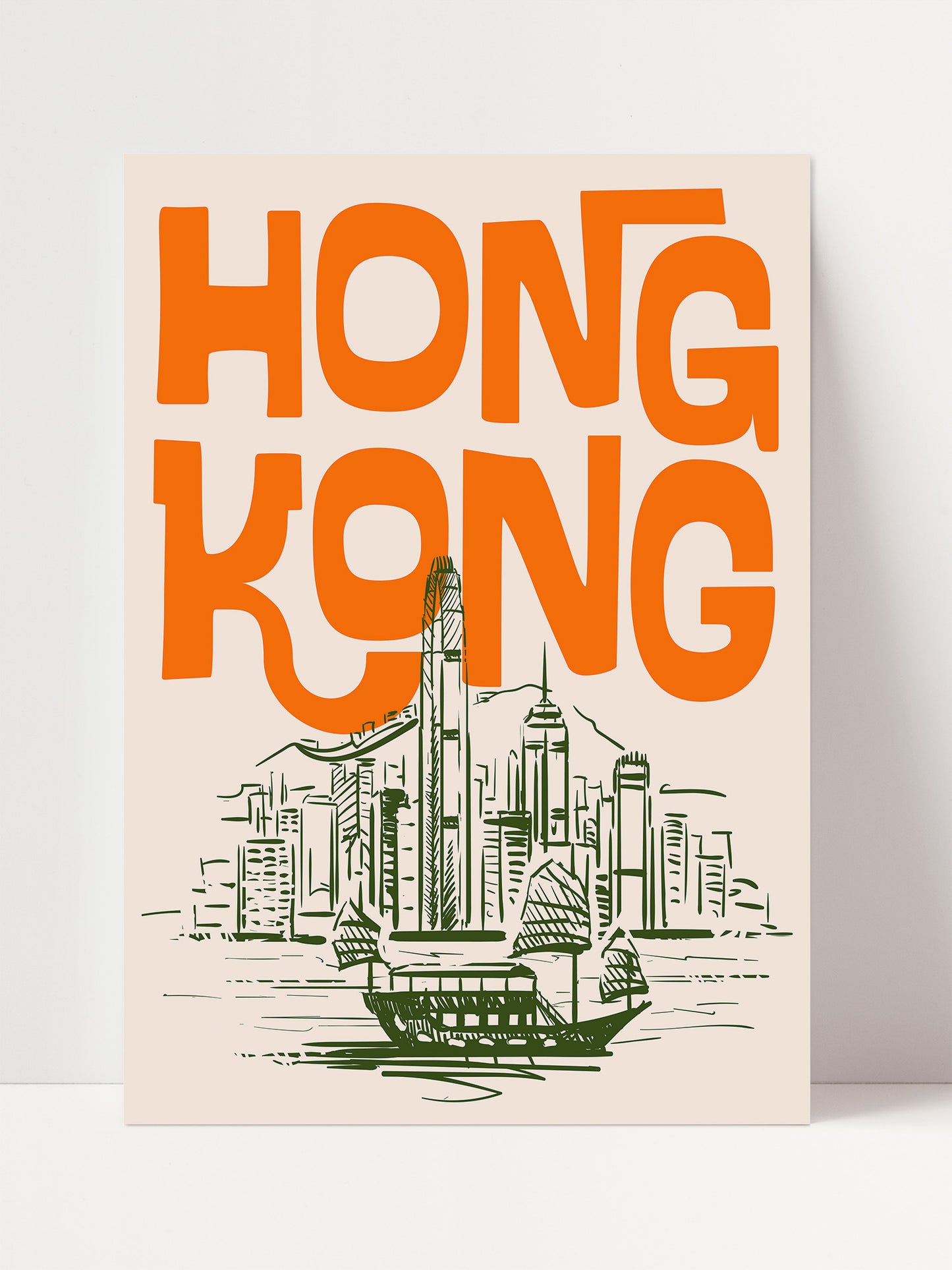 a stylized illustration of Hong Kong's skyline, with the city's iconic landmarks and buildings depicted in a sketch-like style.