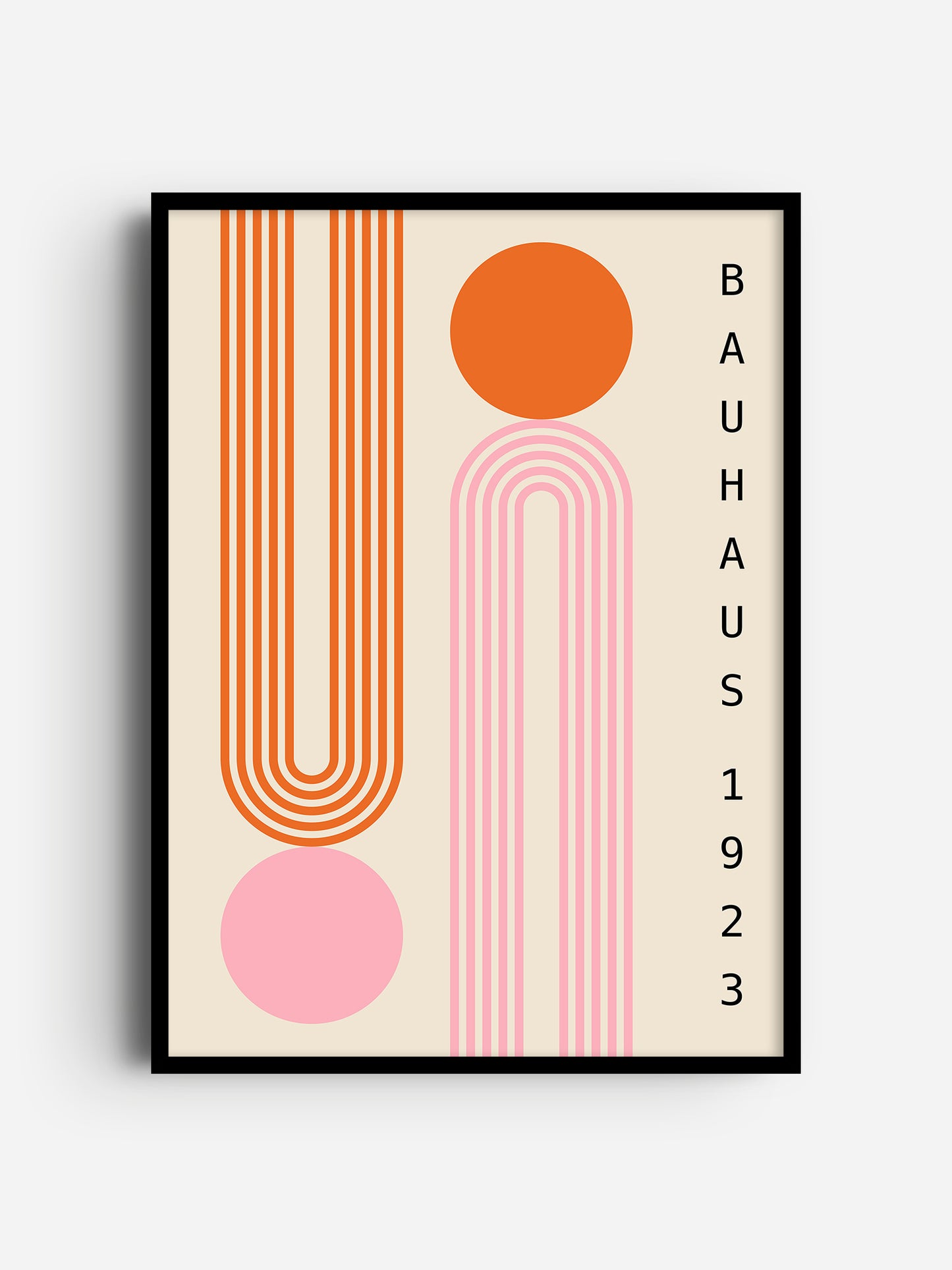 The image is a framed poster featuring abstract geometric shapes in various colors, including orange, pink, and white, along with the text "BAHAUX 1963" and "1922-1923".