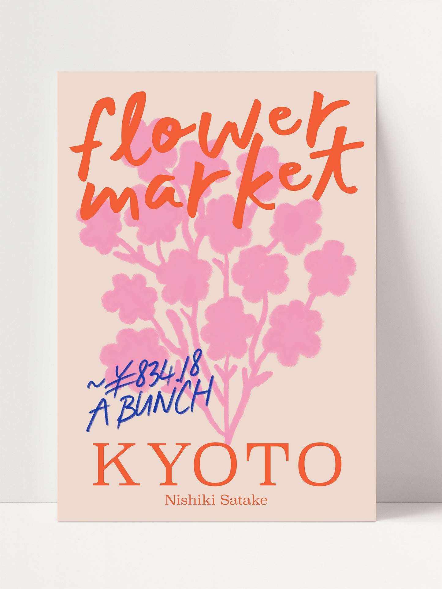 The image is a poster for the "Flower Market" in Kyoto, Japan. It features a pink flower design and the text "Flower market" in orange, along with the price "Y84/18" and the name "Nishiki Satake" in blue.