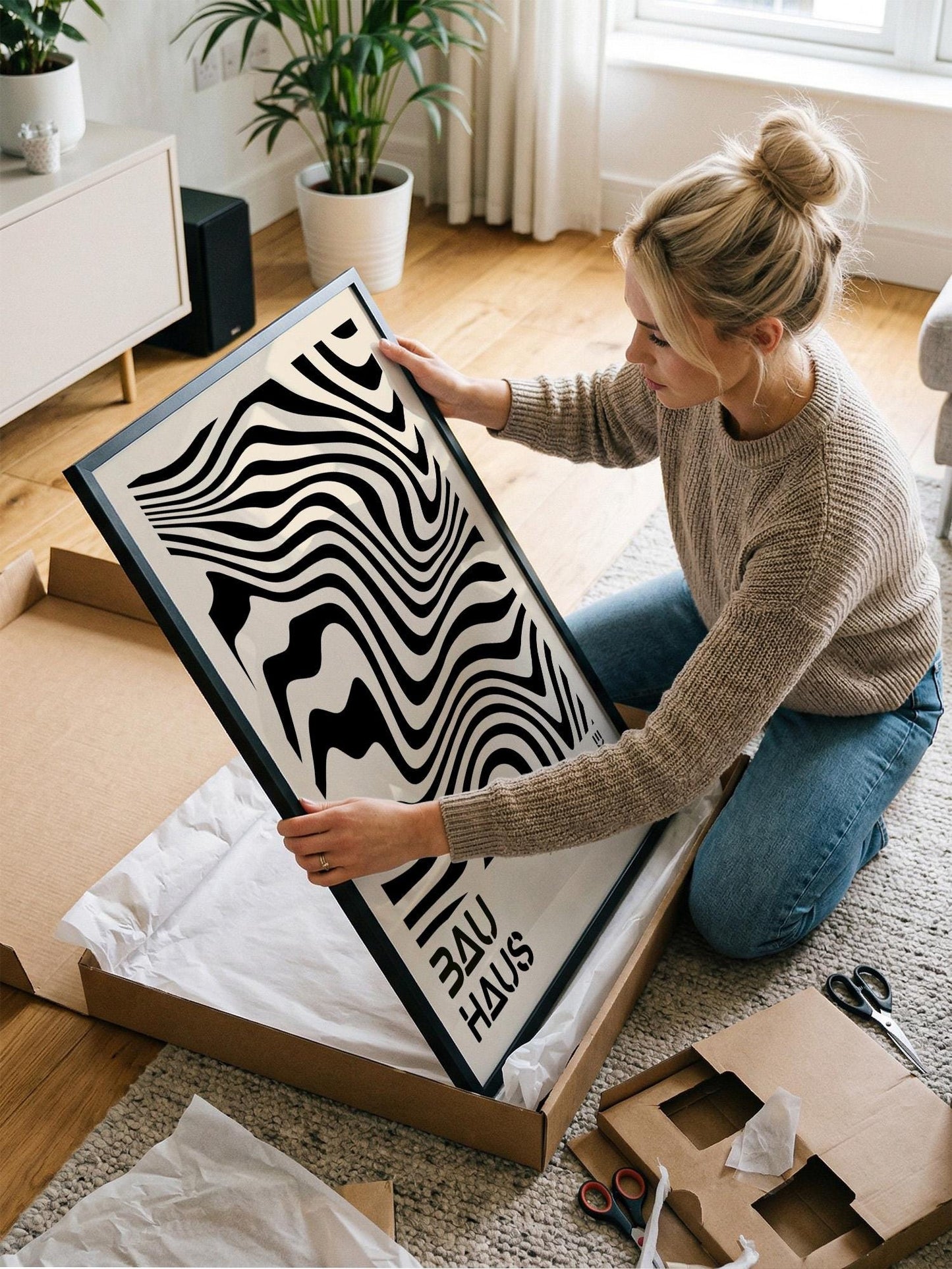 A woman is kneeling on the floor and holding a large framed poster with a black and white zigzag pattern.