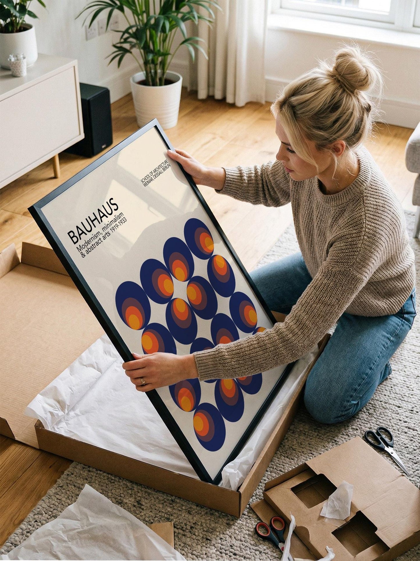 A woman is kneeling on the floor and holding a framed poster with a geometric design.