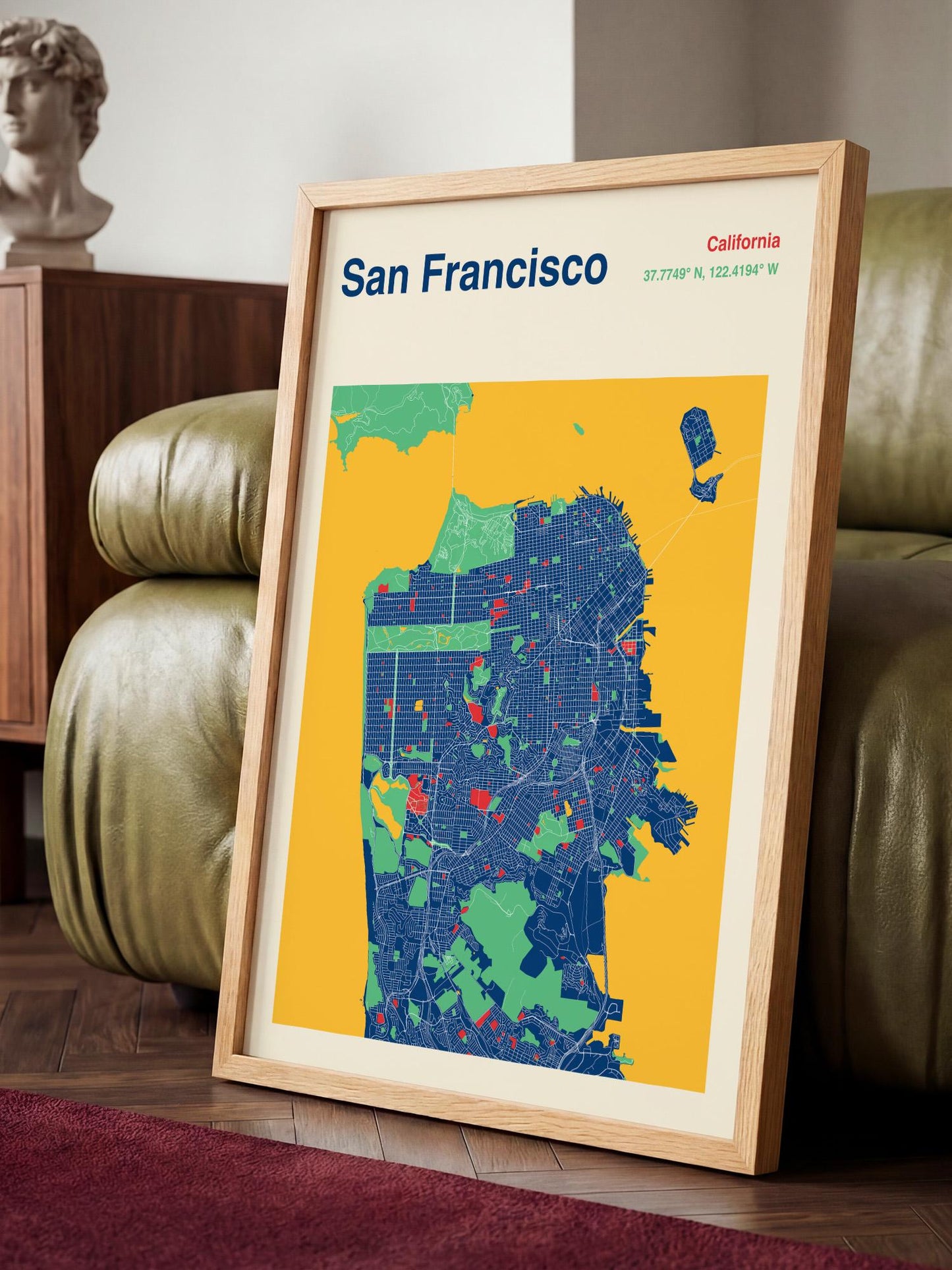 a framed map of San Francisco, California, with a vibrant yellow and blue color scheme.