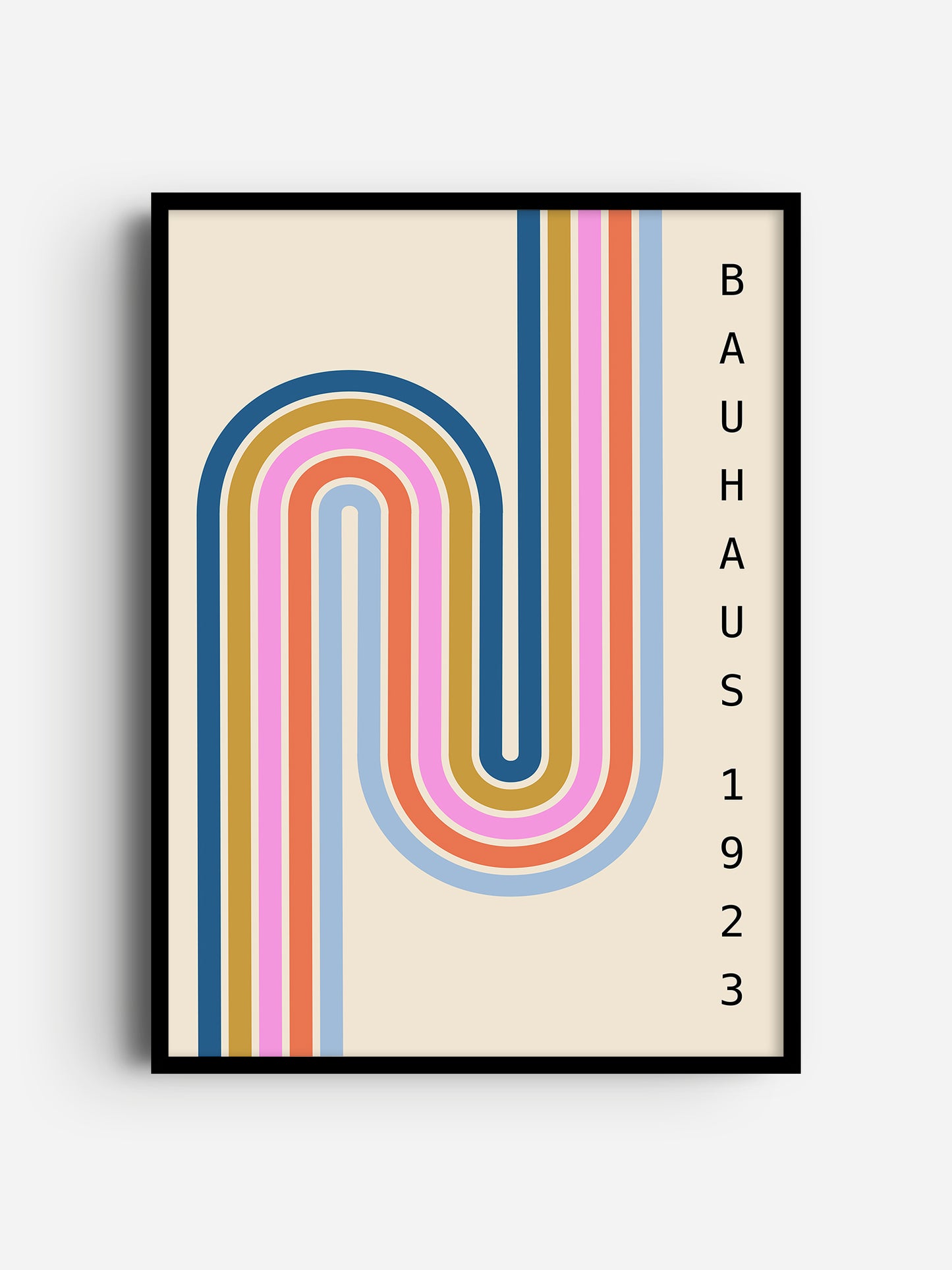The image is a framed poster featuring a vibrant, abstract design with a rainbow-like pattern of curved lines in various colors, including pink, blue, orange, and yellow. The poster is framed in black and has the text "BAHUA S" written in black on the right side.