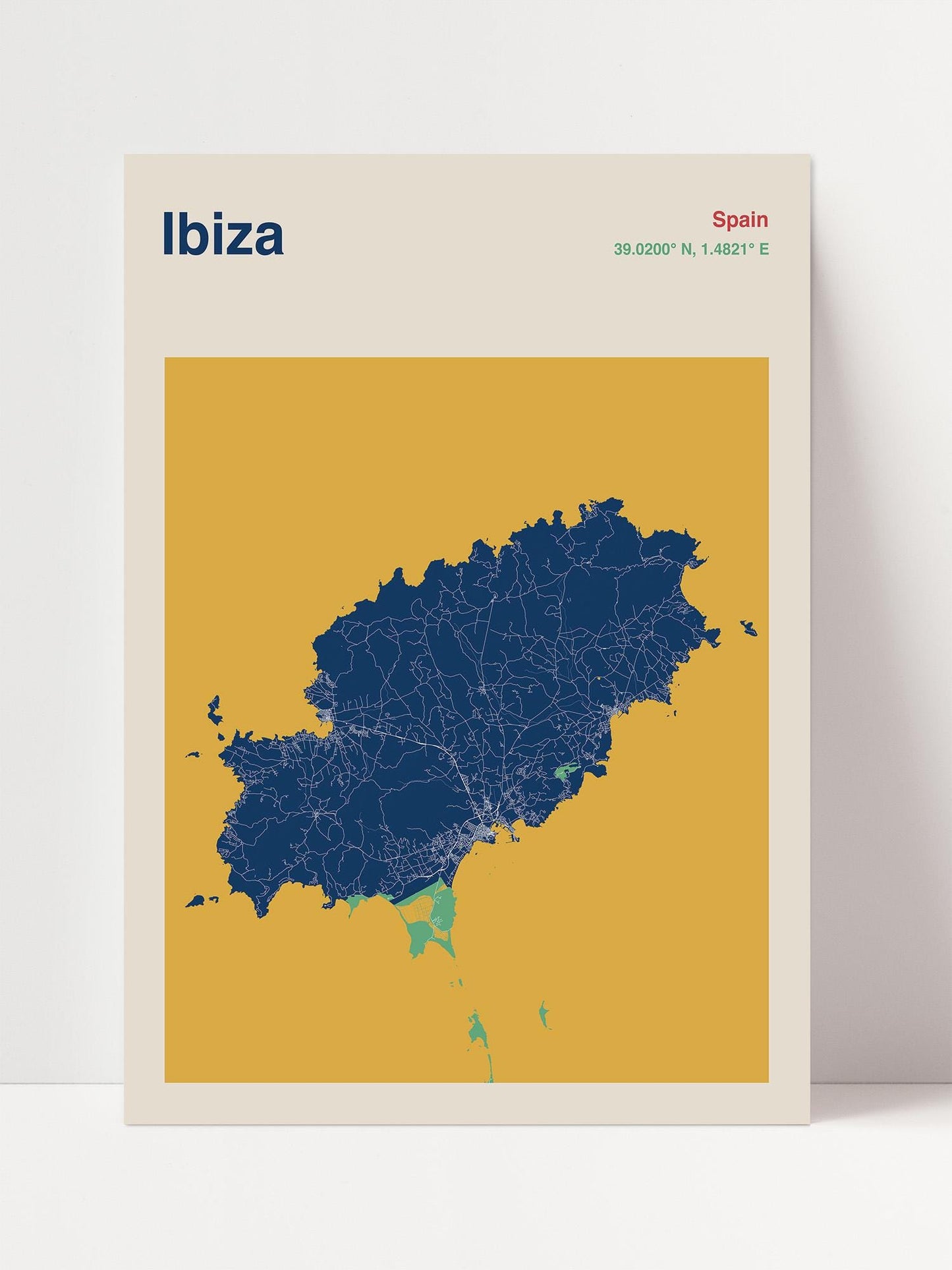 The image is a map of Ibiza, Spain, depicting the city and surrounding areas in a stylized and colorful manner.