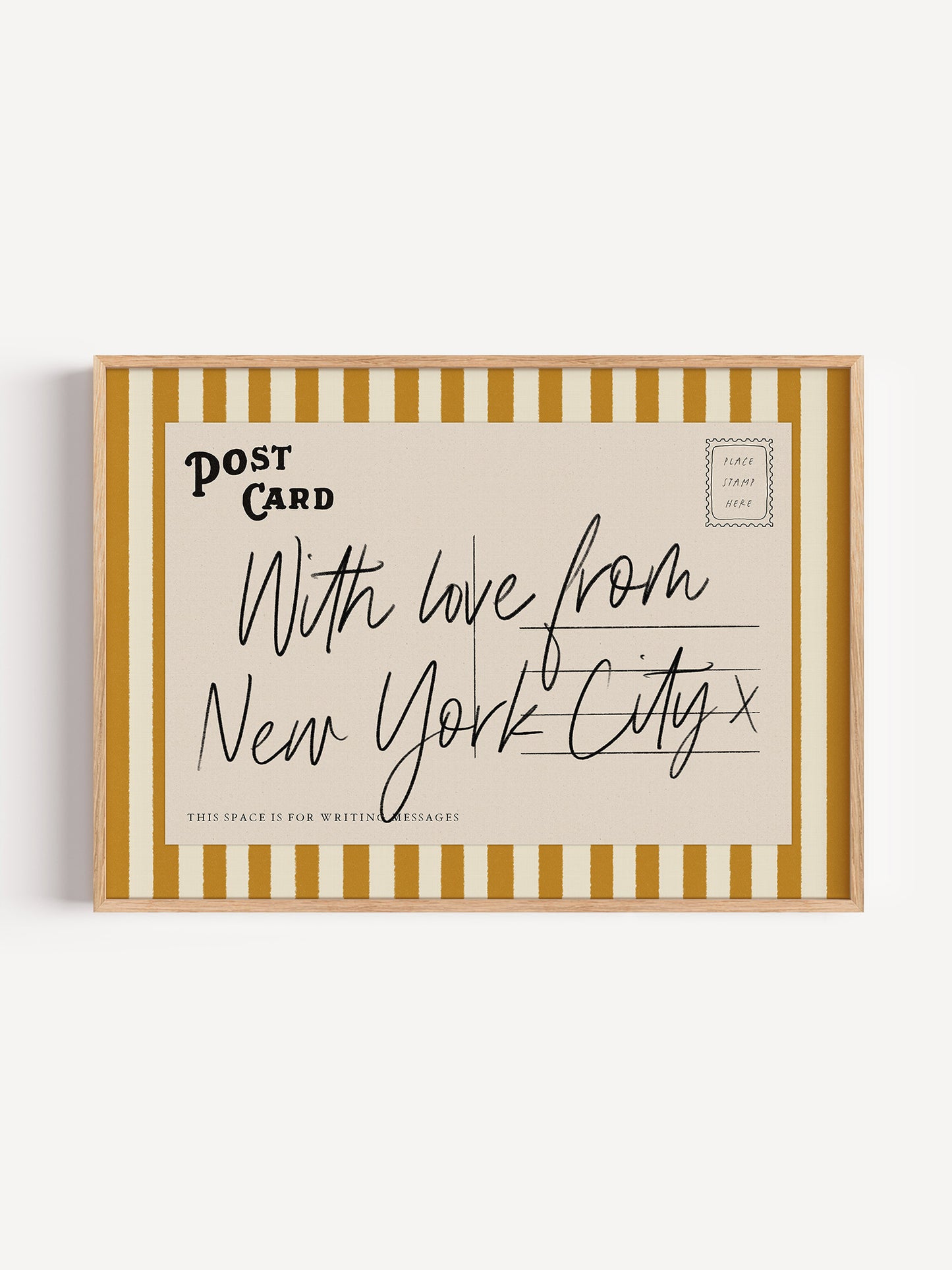 The image is a framed postcard with handwritten text that reads "With love from New York City".