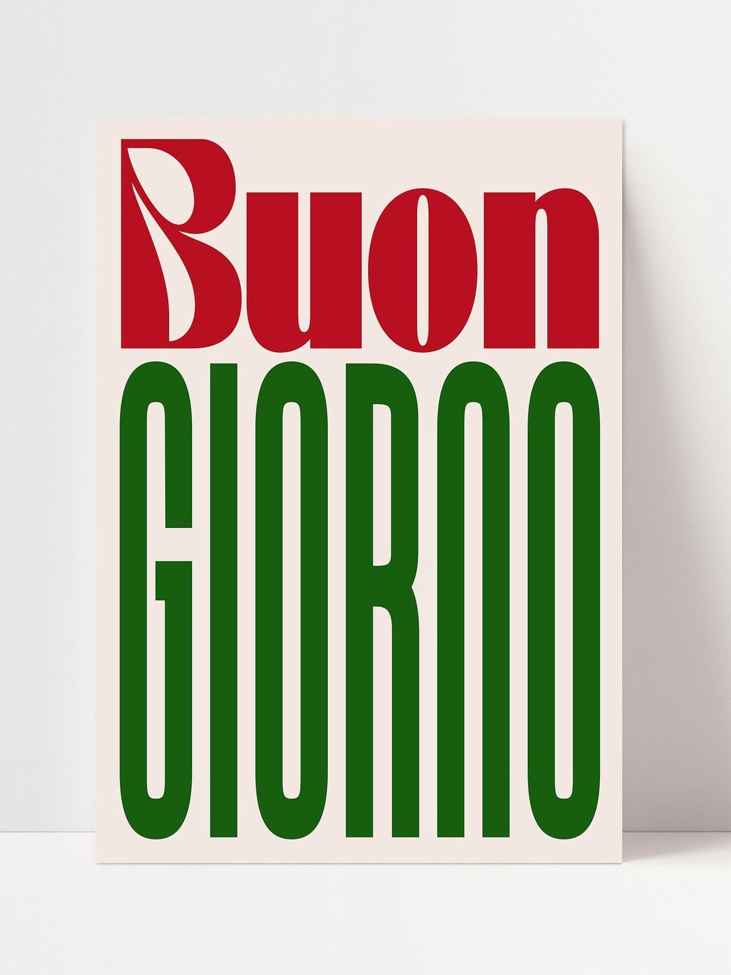 a large, bold, and colorful text that reads "Buon Giorno", which is Italian for "Good luck".