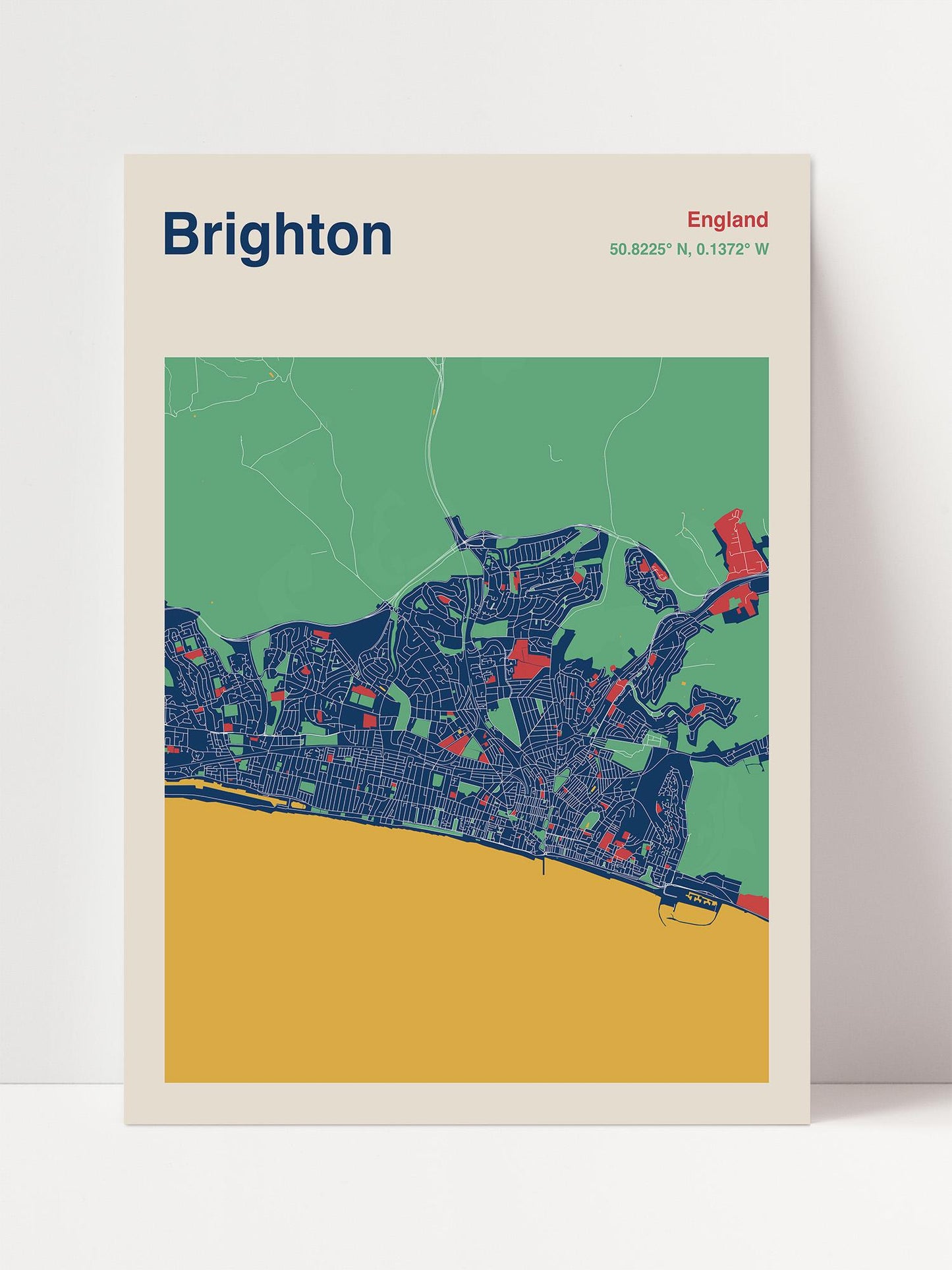The image is a colorful map of Brighton, England, depicting the city's streets and landmarks in a stylized manner.