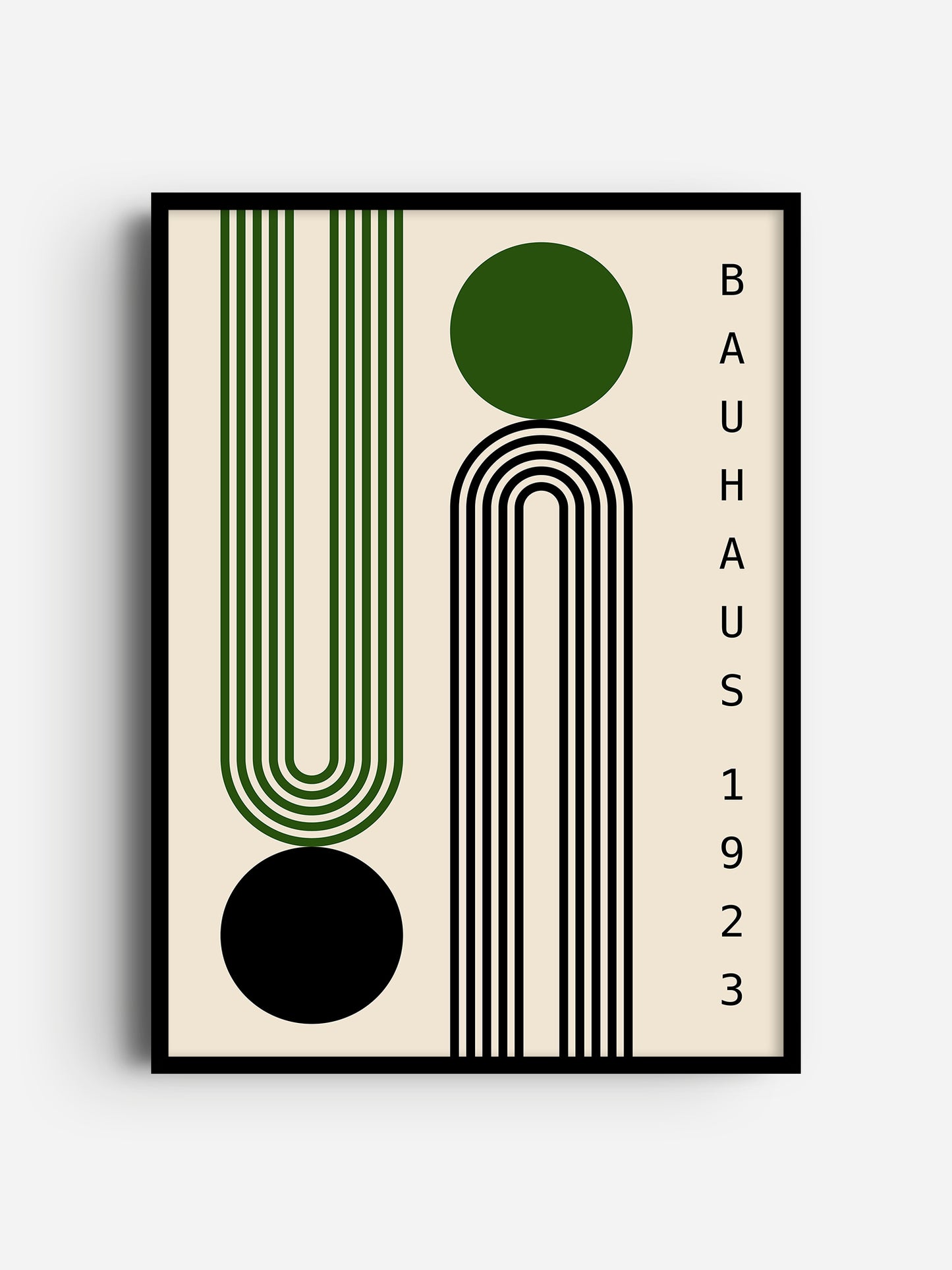 The image is a framed poster featuring abstract geometric shapes and patterns in green and black.