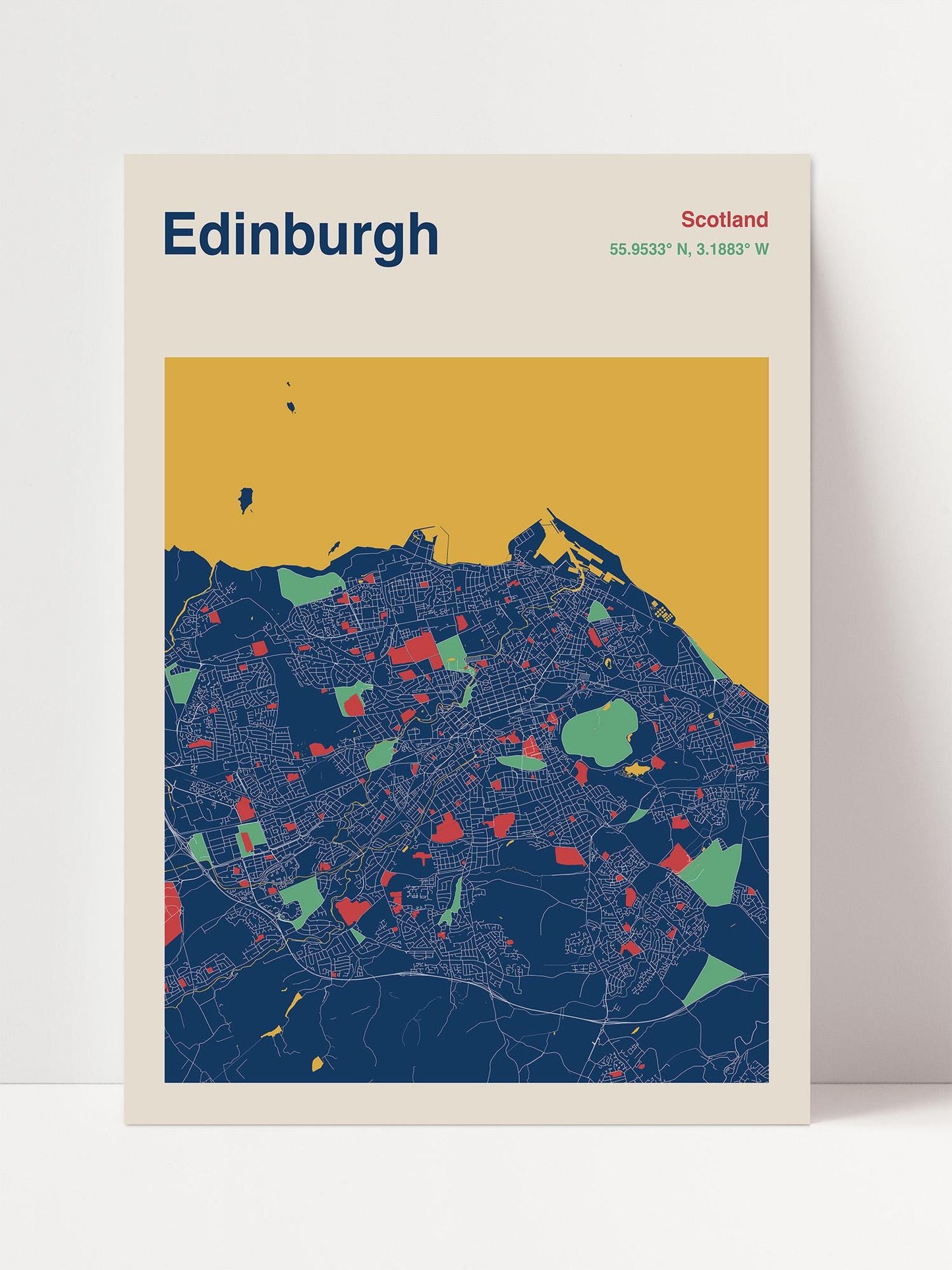 The image is a colorful map of Edinburgh, Scotland, depicting the city's streets, landmarks, and surrounding areas in a stylized and vibrant manner.