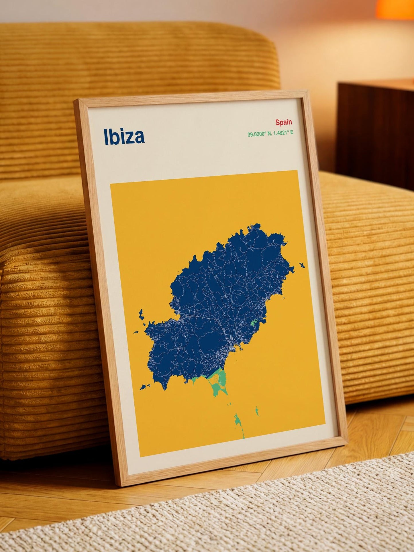 a framed map of Ibiza, Spain, with a yellow background and a blue outline of the island.