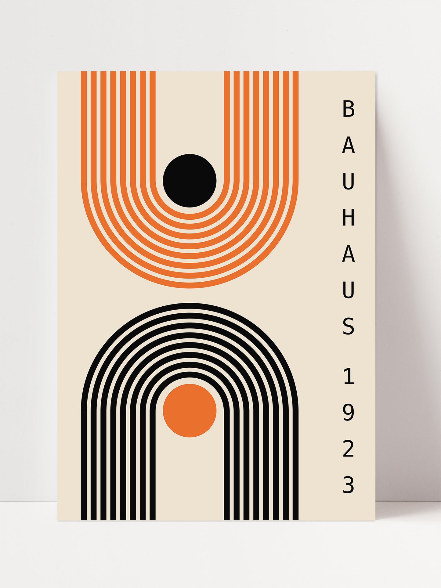 The image is a minimalist poster featuring abstract geometric shapes in black, orange, and white.