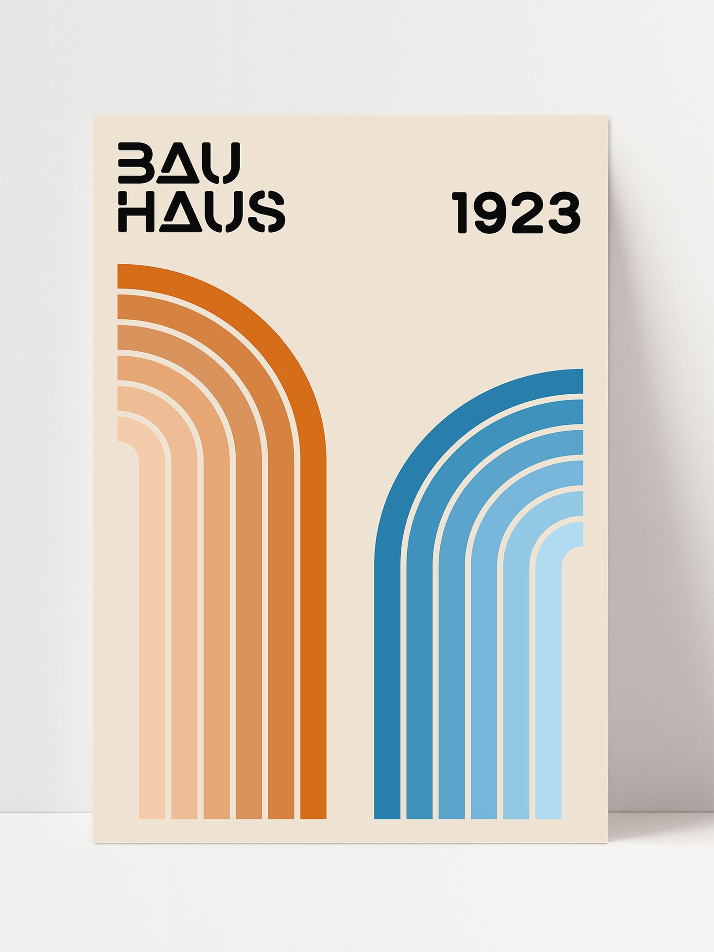 The image is a poster for the Bauhaus school of design, featuring a minimalist design with two curved lines in different colors - orange and blue.