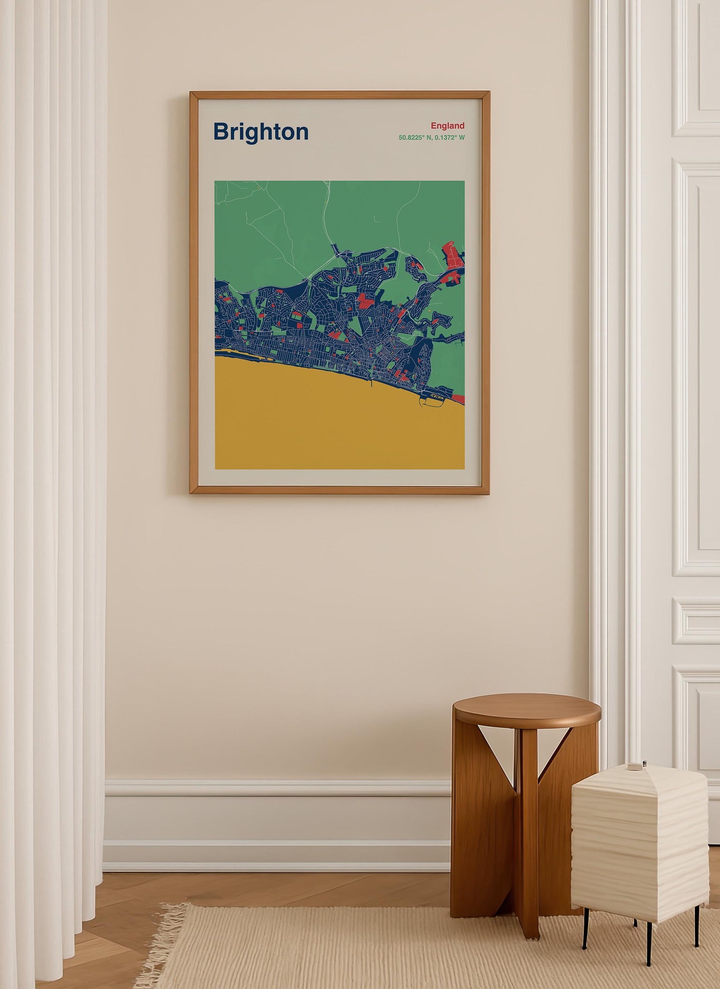 Brighton Map Art, Colourful Retro Lines (Framed or Unframed)
