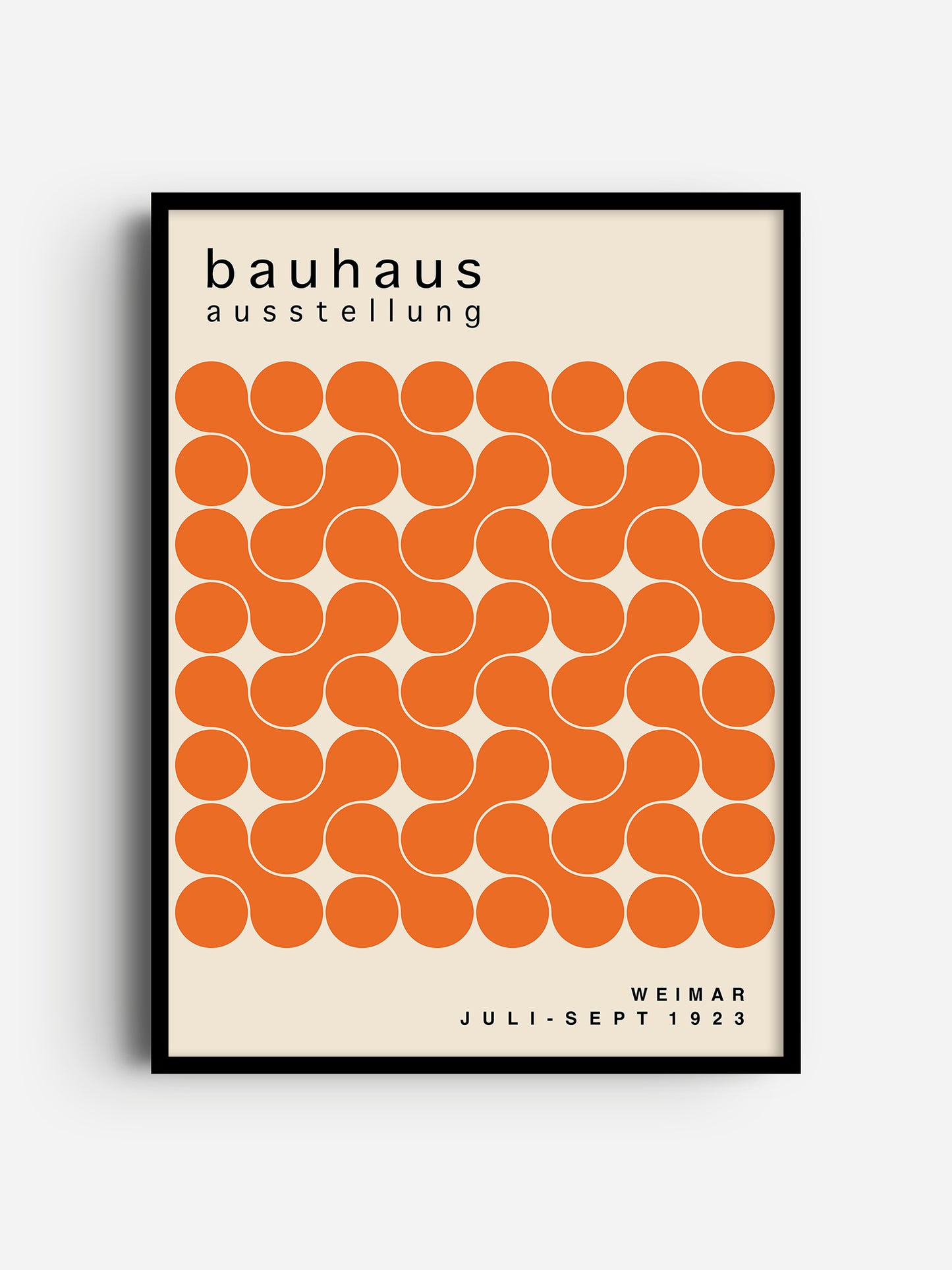 The image is a poster for the Bauhaus exhibition in Weimar, Germany, which took place from July to September 1929. The poster features a repeating pattern of orange circles on a beige background, creating a visually striking design.