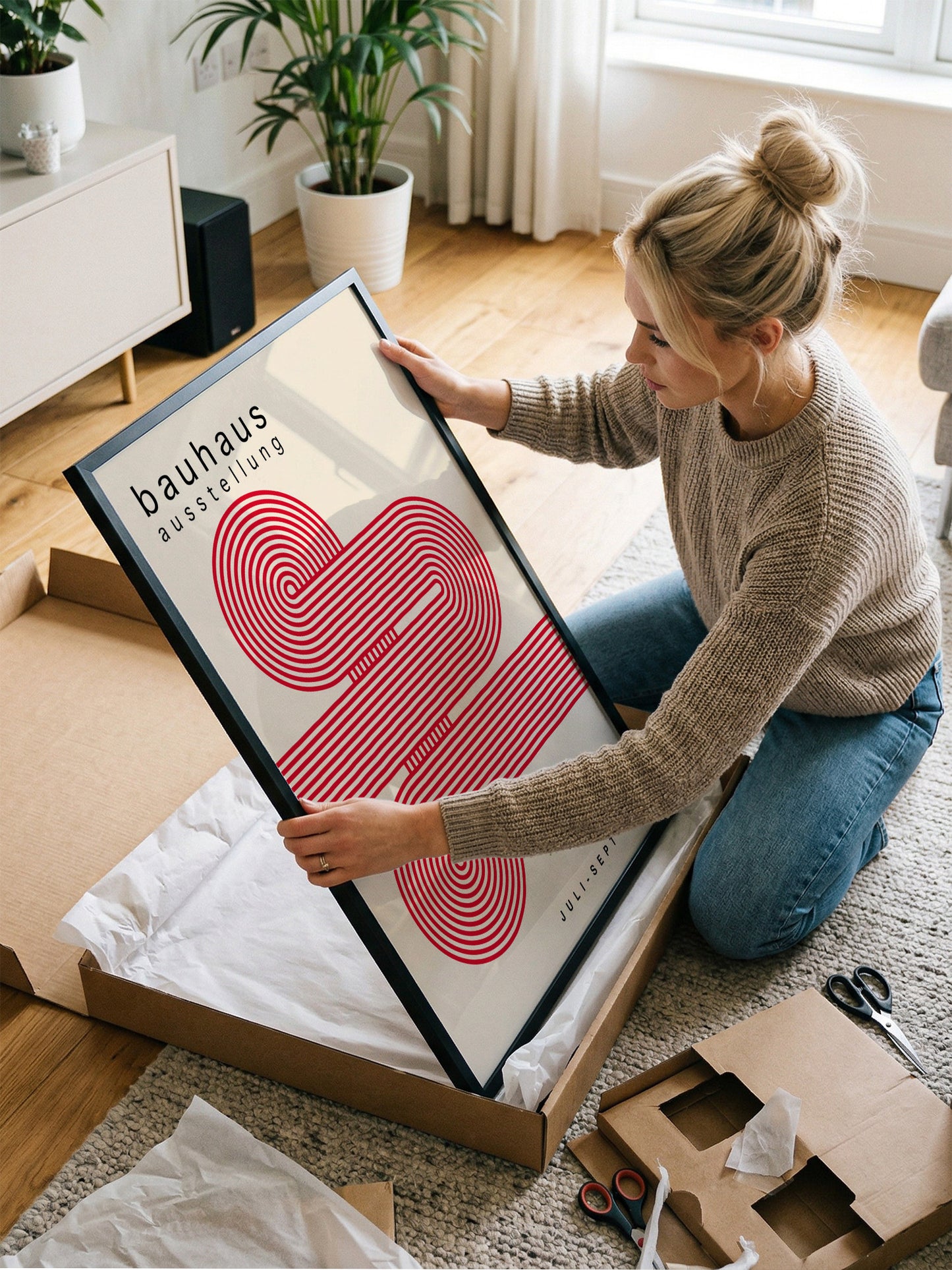 A woman is kneeling on the floor and holding a framed poster with a red and white abstract design.