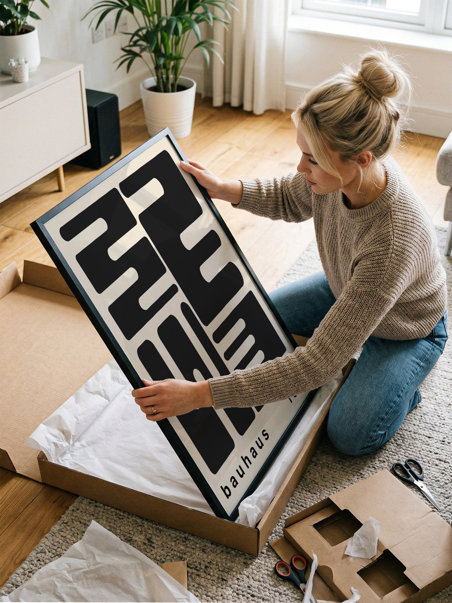 A woman is kneeling on the floor and carefully opening a large cardboard box, which appears to contain a framed artwork.
