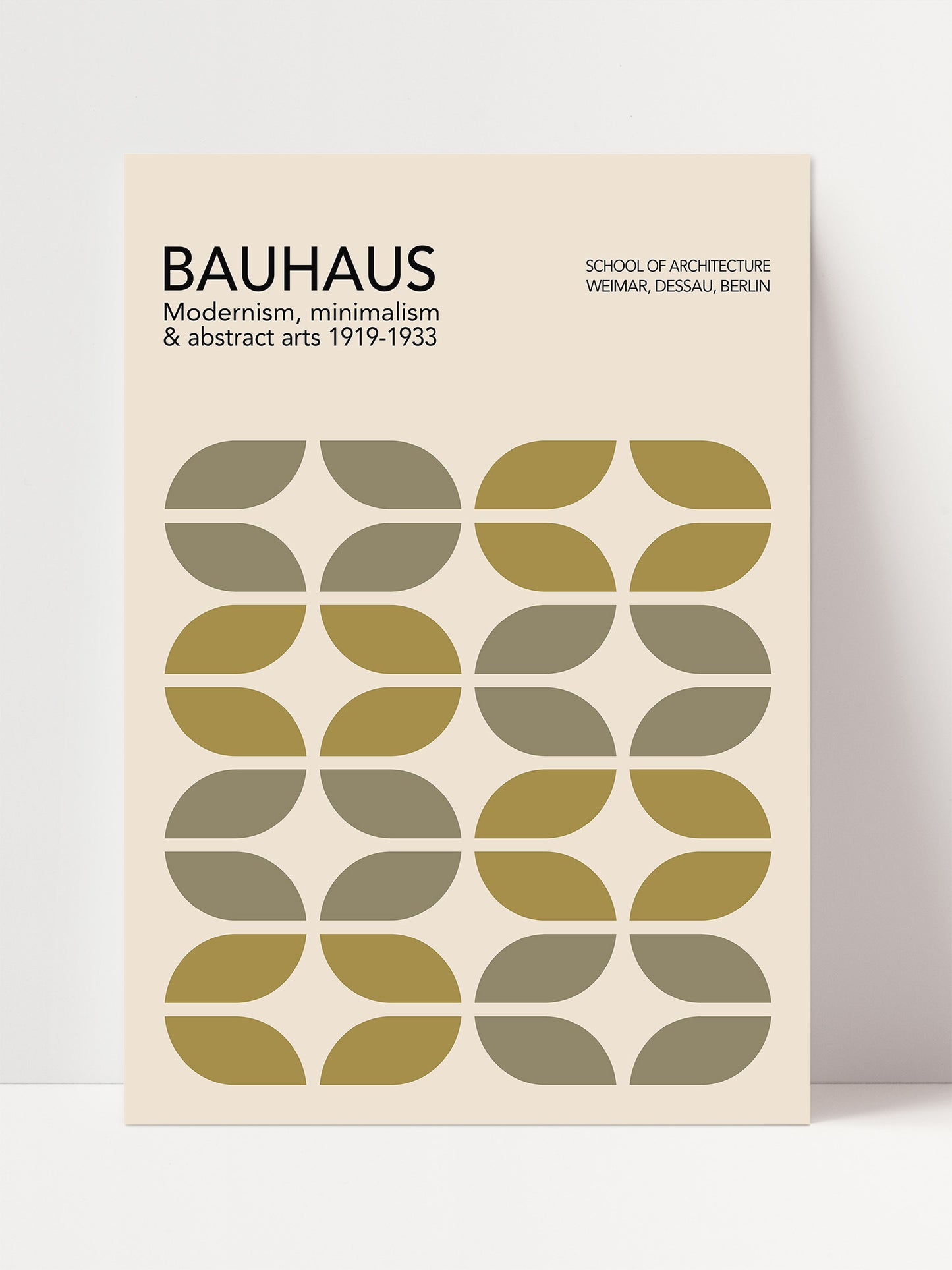 The image is a poster for the Bauhaus School of Architecture in Berlin, Germany, featuring a repeating pattern of geometric shapes in various shades of green and gray.